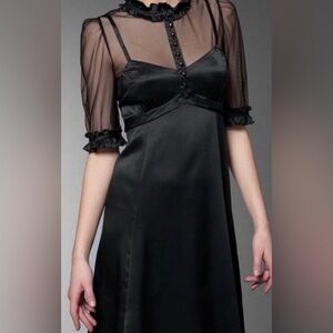 Marc Jacobs Black Silk Satin 1930s Victorian Style Ruffle Mesh Mini Dress Size 2
